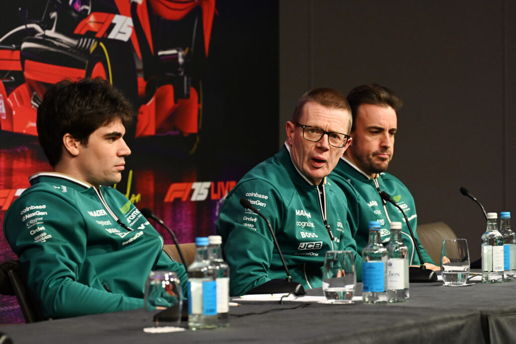 Fernando Alonso, Andy Cowell and Lance Stroll speak at a press conference at the F1 75 Live event