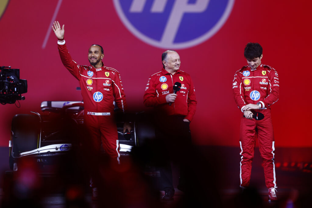 Ferrari's Lewis Hamilton, Fred Vasseur and Charles Leclerc on stage at the 2025 F1 75 Live show in London