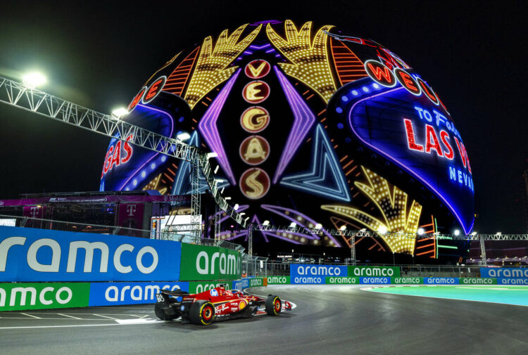 Ferrari driver Charles Leclerc navigates turns near the Sphere during the Formula One opening practice session of the Las Vegas Grand Prix on Nov. ...