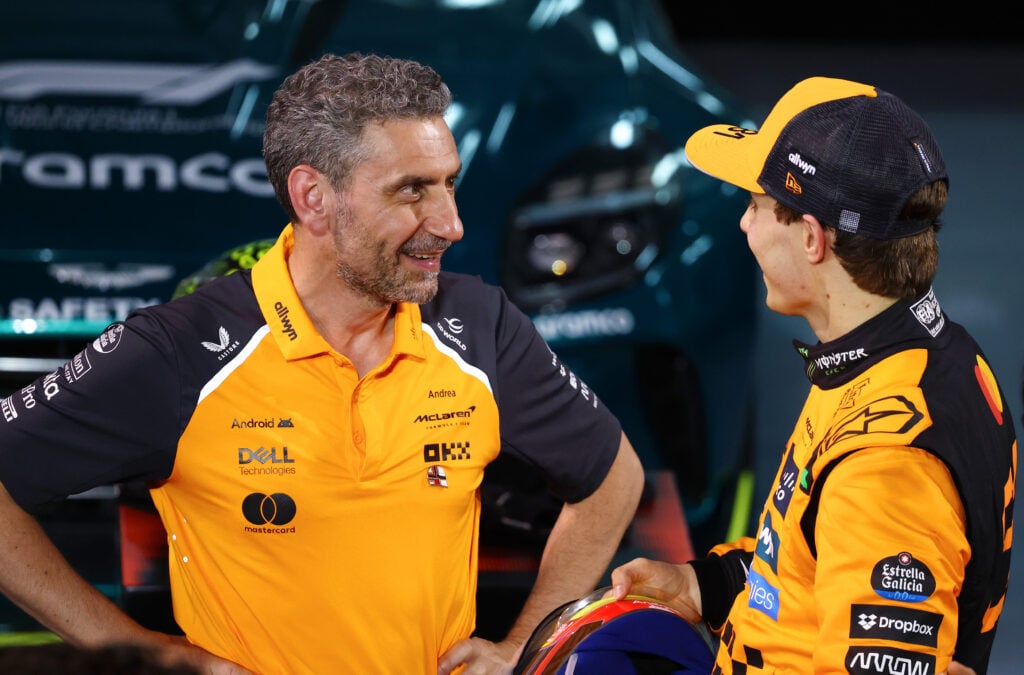 McLaren team principal Andrea Stella talks to Oscar Piastri after winning the 2025 F1 Bahrain Grand Prix