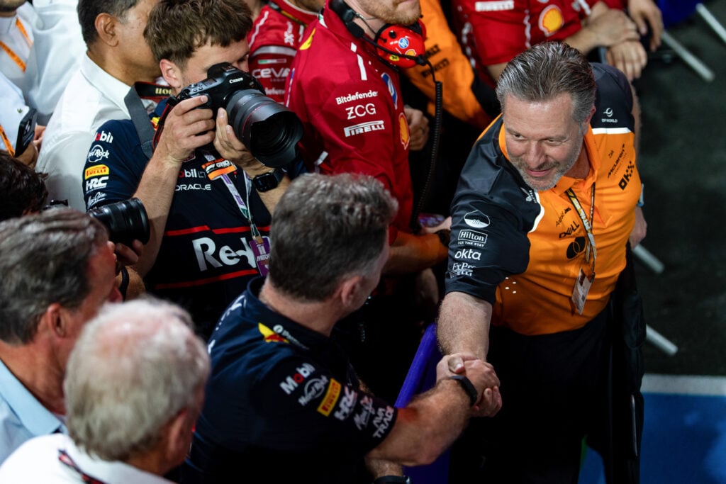 Christian Horner shaking hands with Zak Brown on the grid at the 20245 Formula 1 Saudi Arabian Grand Prix