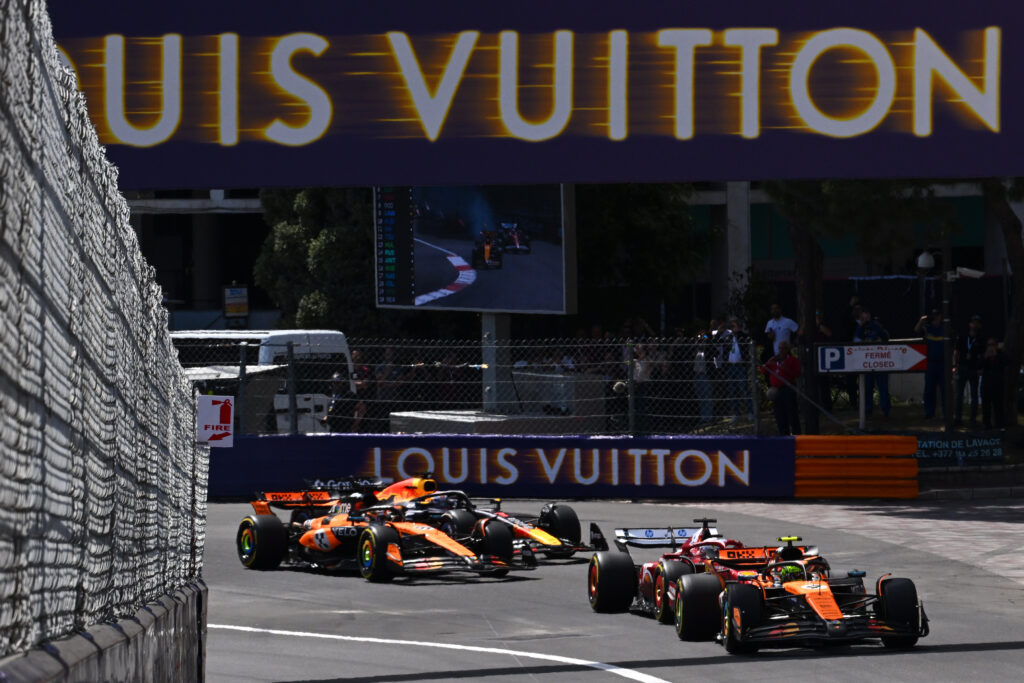 McLaren's Lando Norris leads the start of the 2025 F1 Monaco Grand Prix as Oscar Piastri and Max Verstappen fight over P4