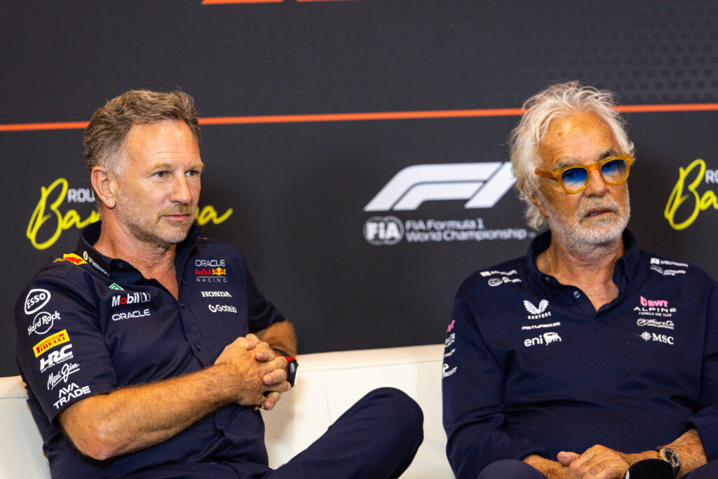 Red Bull driver Christian Horner and Flavio Briatore in a press conference at the 2025 Formula 1 Spanish Grand Prix