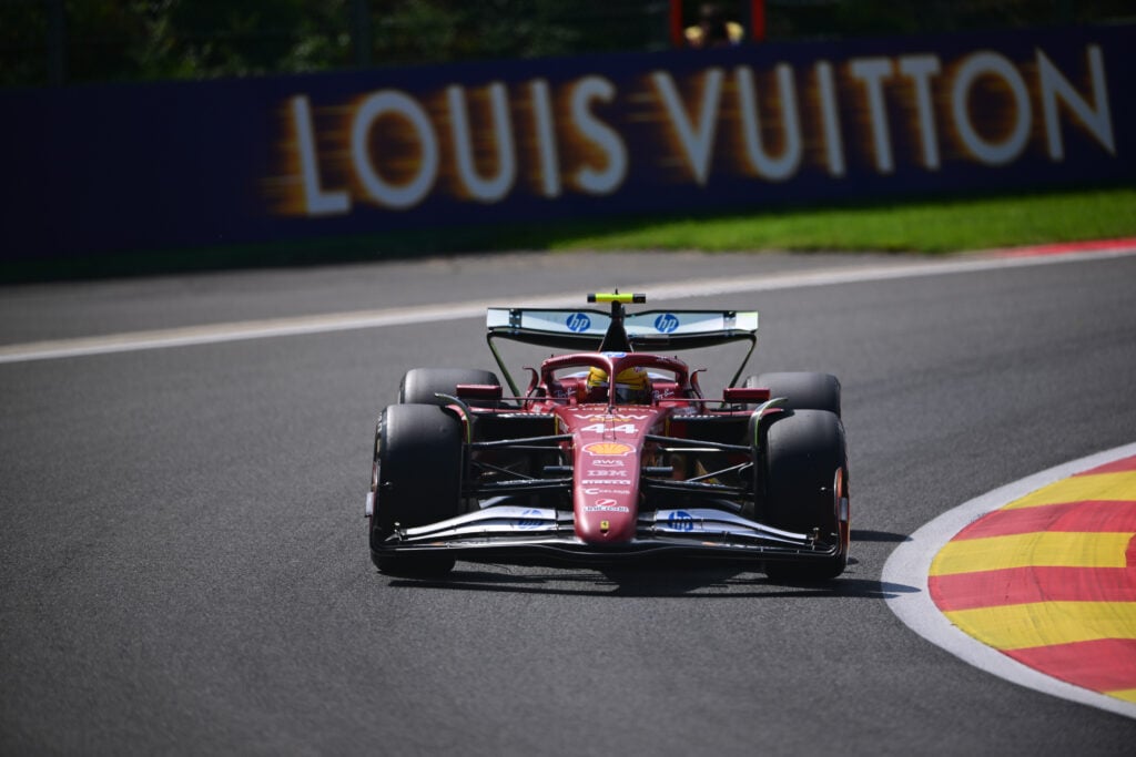 Ferrari driver Lewis Hamilton taking part in practice at the 2025 Formula 1 Belgian Grand Prix