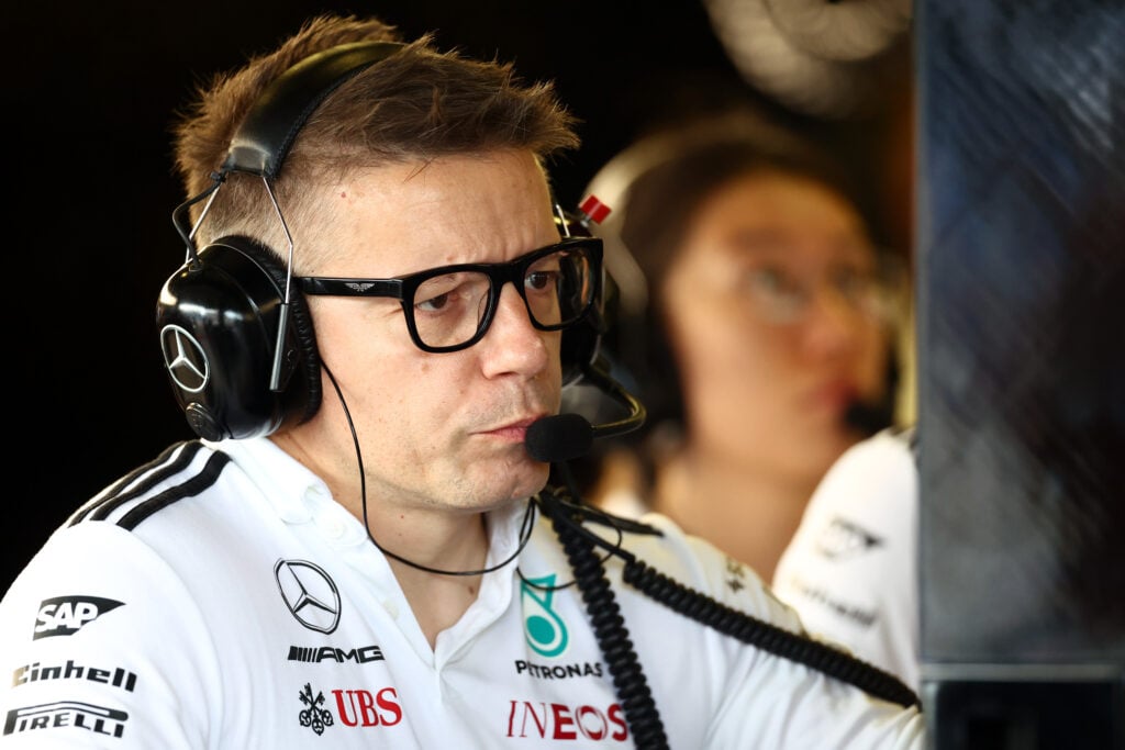 Mercedes race engineer Peter Bonnington watches on at the 2025 Azerbaijan Grand Prix