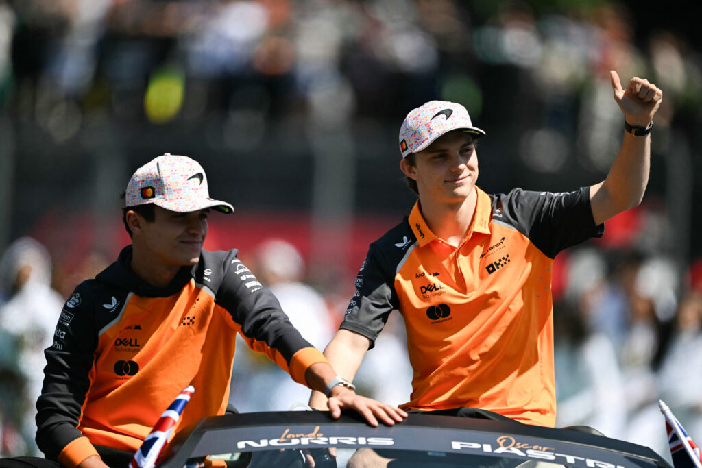 Oscar Piastri and Lando Norris of McLaren on the drivers' parade in Mexico