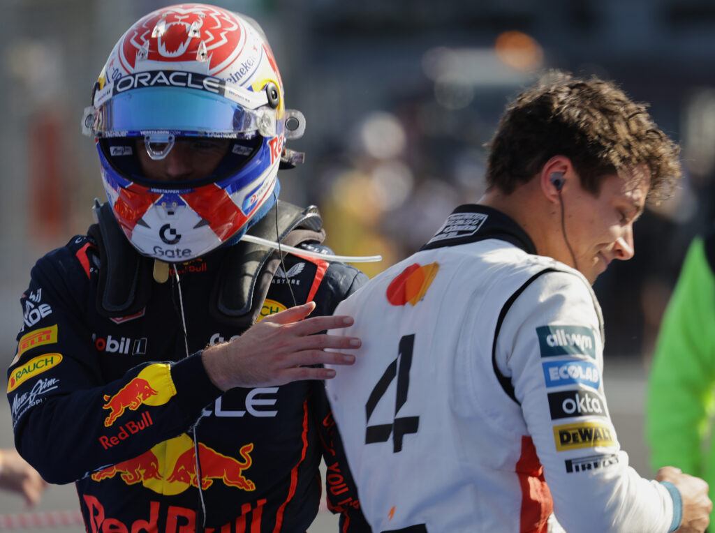 Red Bull's Max Verstappen congratulates McLaren's Lando Norris after winning the 2025 F1 Mexico City Grand Prix