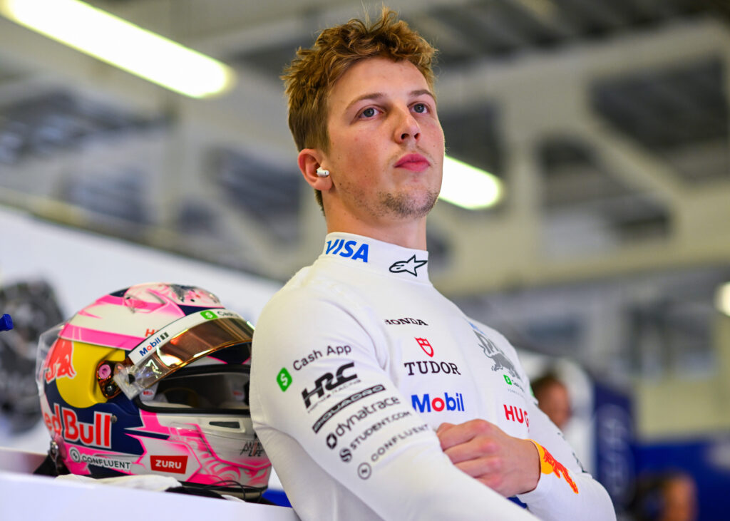 Liam Lawson inside the Racing Bulls garage at the 2025 Mexico City Grand Prix