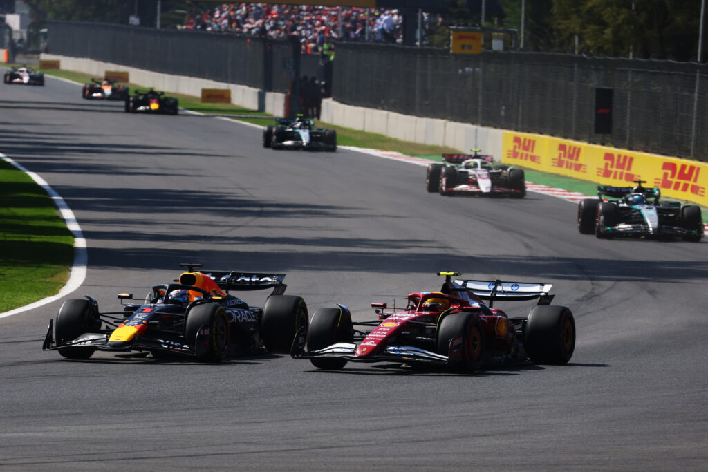 Red Bull's Max Verstappen overtakes Ferrari's Lewis Hamilton during the 2025 F1 Mexico City Grand Prix