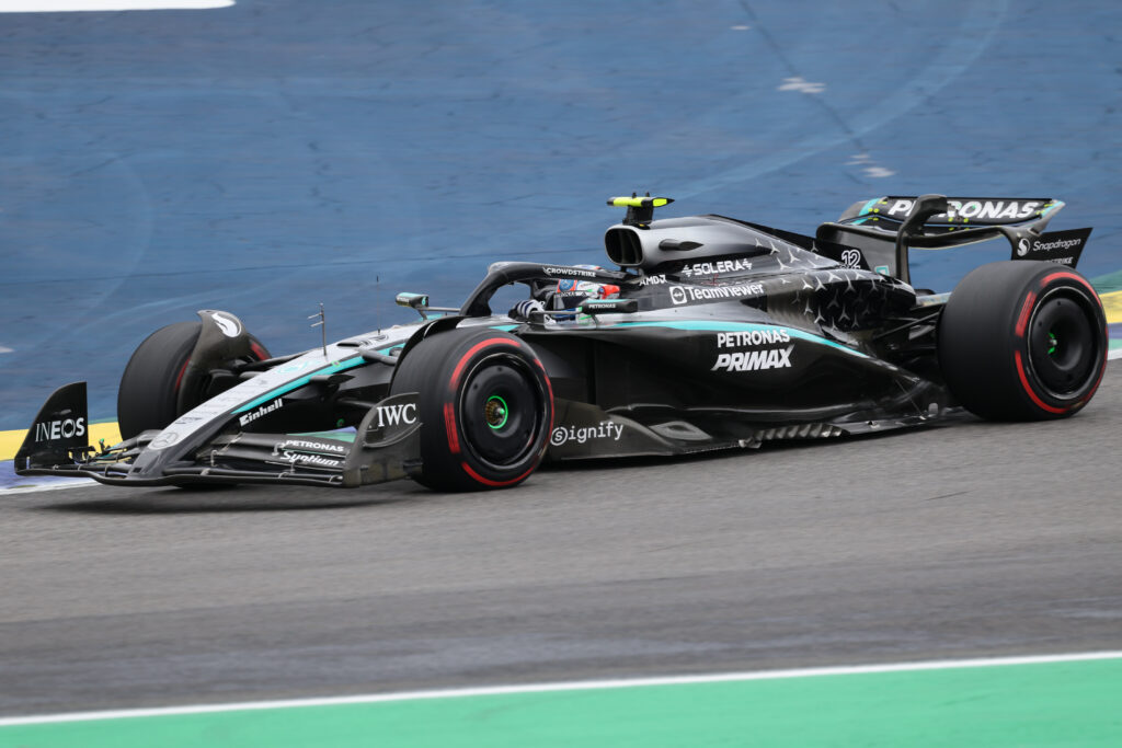 Mercedes driver Andrea Kimi Antonelli racing at the 2025 Formula 1 Sao Paulo Grand Prix