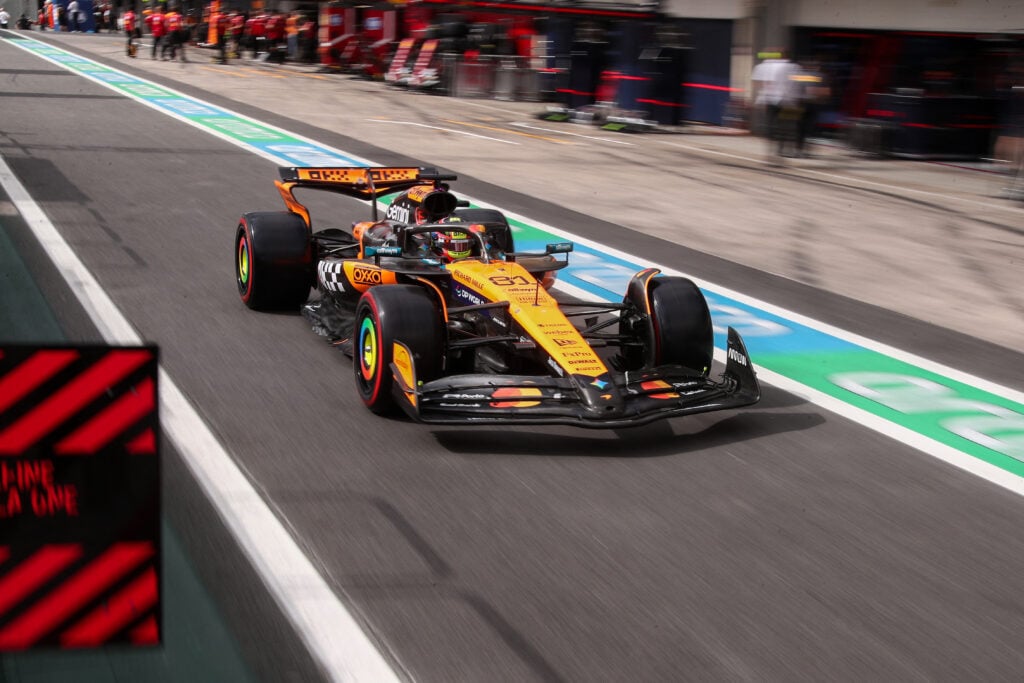 McLaren driver Oscar Piastri leaving the pit lane at the 2025 Formula 1 Sao Paulo Grand Prix