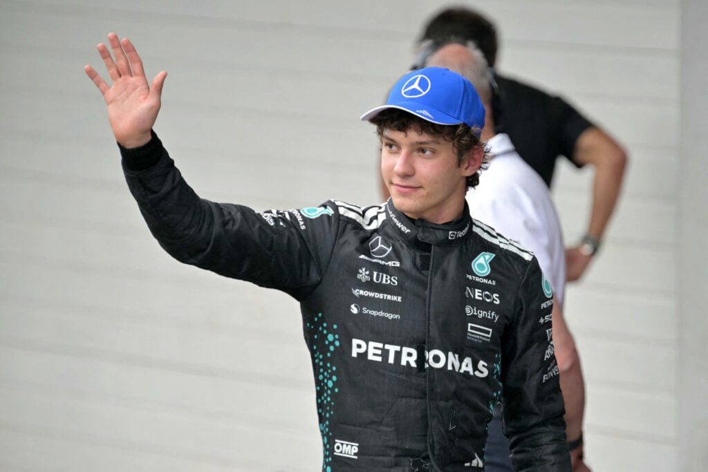 Mercedes driver Andrea Kimi Antonelli waving to the crowd at the 2025 Formula 1 Sao Paulo Grand Prix