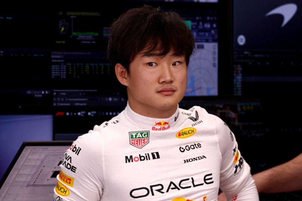 Red Bull driver Yuki Tsunoda in the garage at the 2025 Formula 1 Sao Paulo Grand Prix