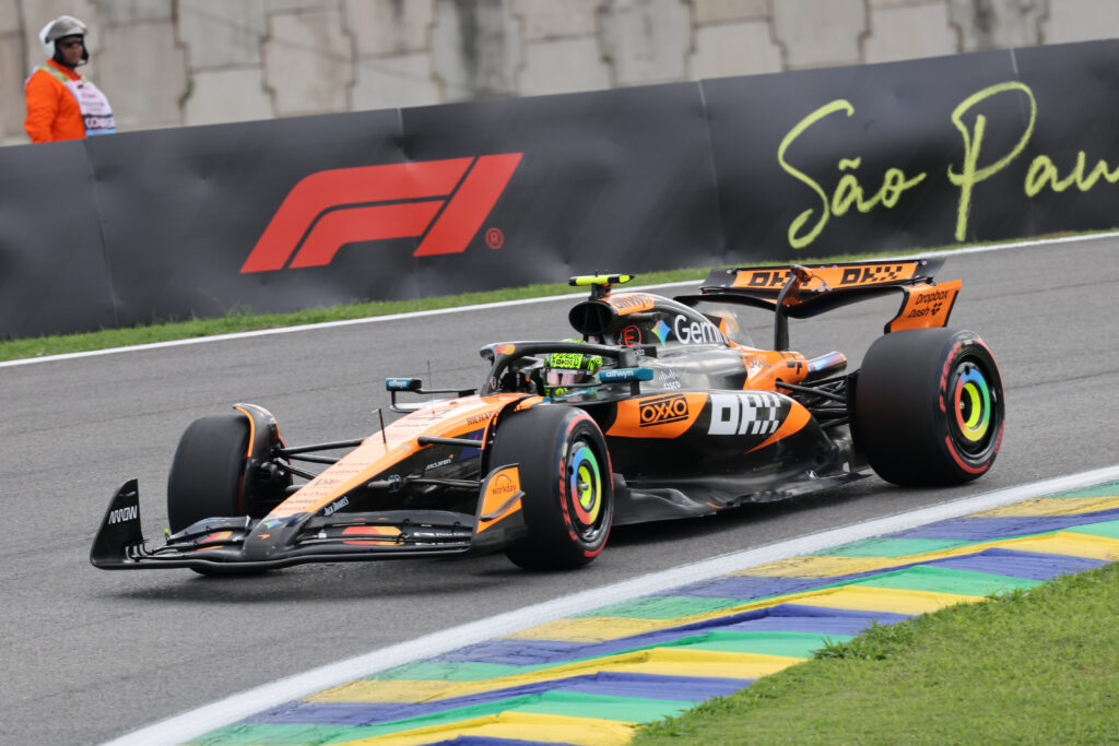 McLaren driver Lando Norris racing during qualifying at the 2025 Formula 1 Sao Paulo Grand Prix