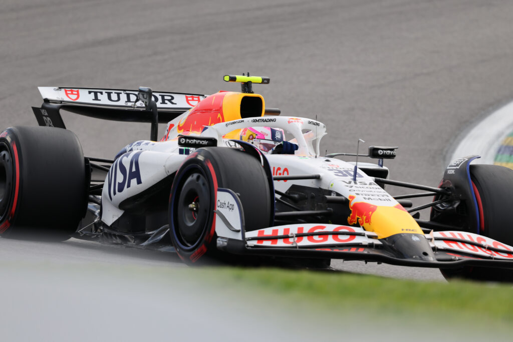 Racing Bulls driver Liam Lawson racing at the 2025 Formula 1 Sao Paulo Grand Prix