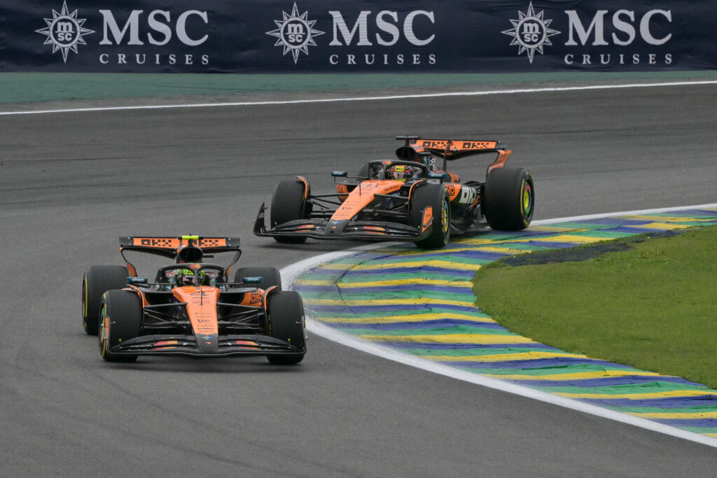 McLaren drivers Lando Norris and Oscar Piastri racing at the 2025 Formula 1 Sao Paulo Grand Prix