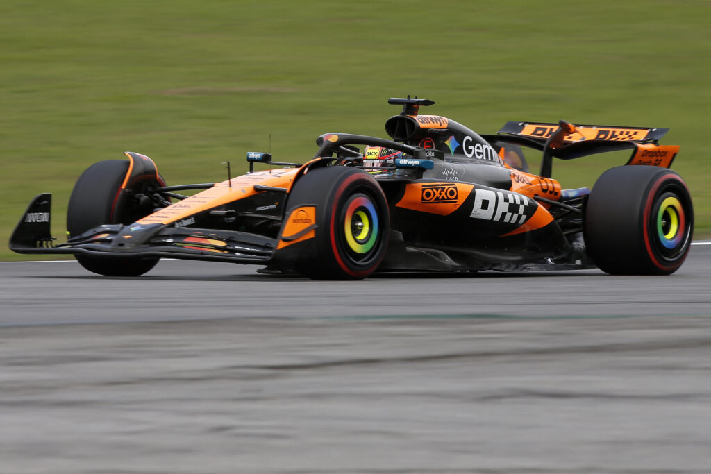 McLaren driver Oscar Piastri racing at the 2025 Formula 1 Sao Paulo Grand Prix