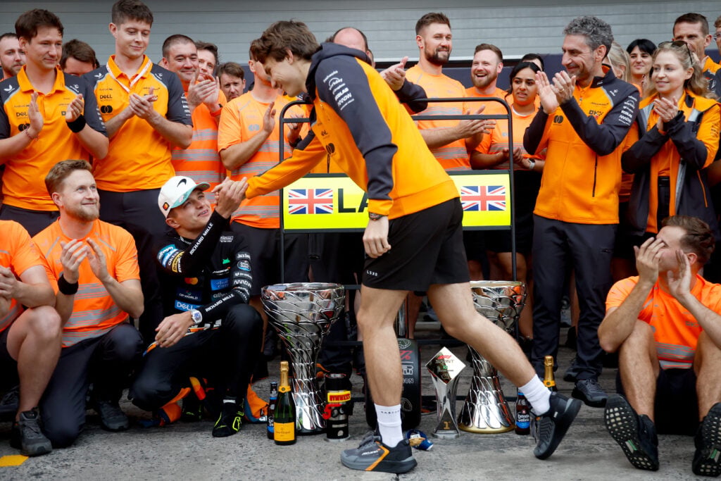McLaren's Oscar Piastri congratulates teammate Lando Norris on winning the 2025 F1 Sao Paulo Grand Prix