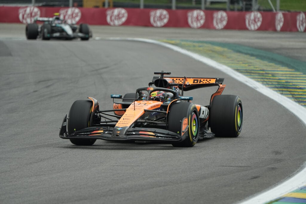 McLaren driver Oscar Piastri racing at the 2025 Formula 1 Sao Paulo Grand Prix