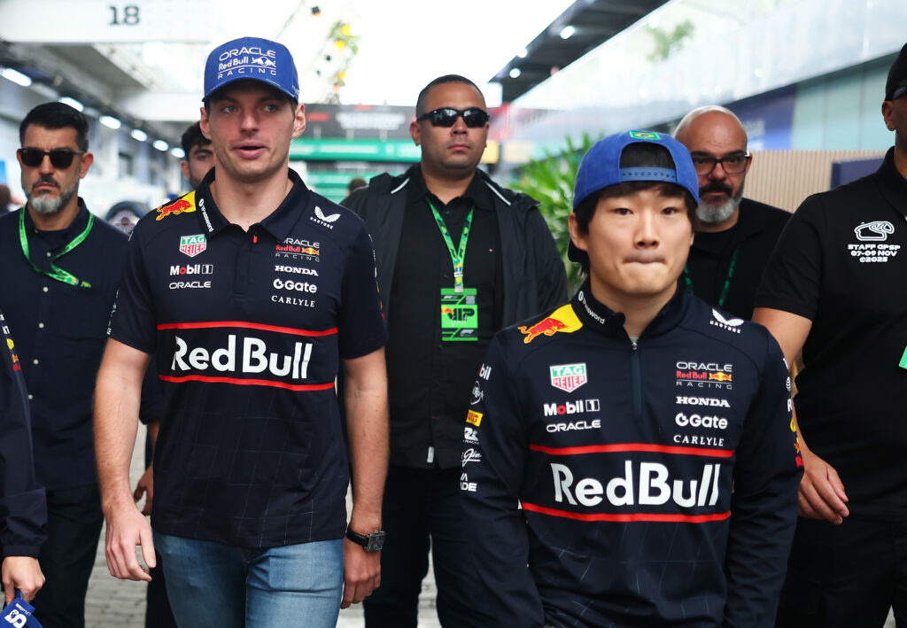 Red Bull drivers Max Verstappen and Yuki Tsunoda at the 2025 Formula 1 Sao Paulo Grand Prix