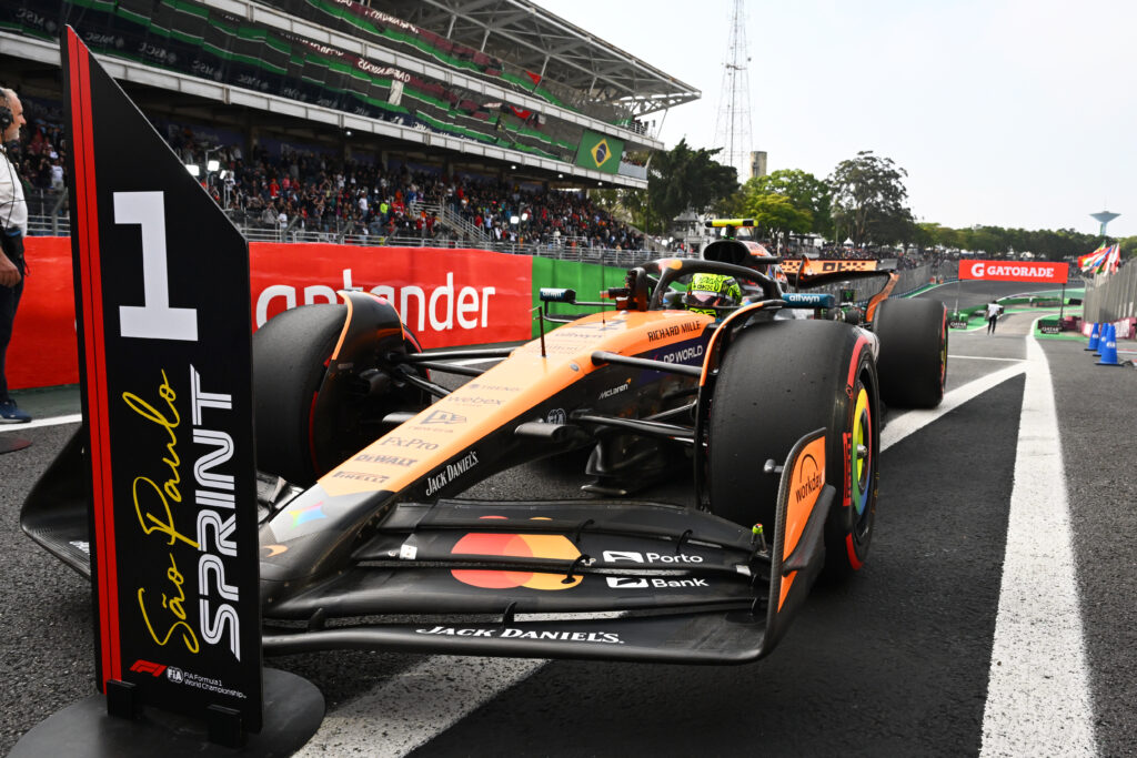 McLaren driver Lando Norris parks in parc ferme after scoring pole in Sprint Qualifying at the 2025 F1 Sao Paulo Grand Prix