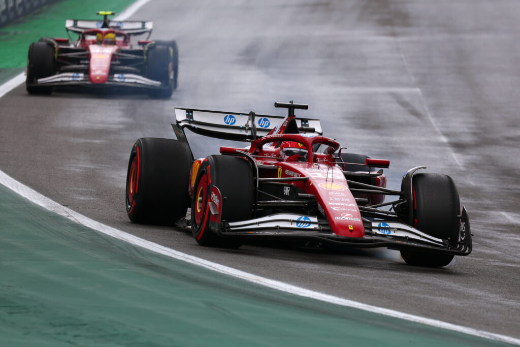 Ferrari driver Charles Leclerc leads Lewis Hamilton on track during the F1 Sprint at the 2025 Sao Paulo Grand Prix
