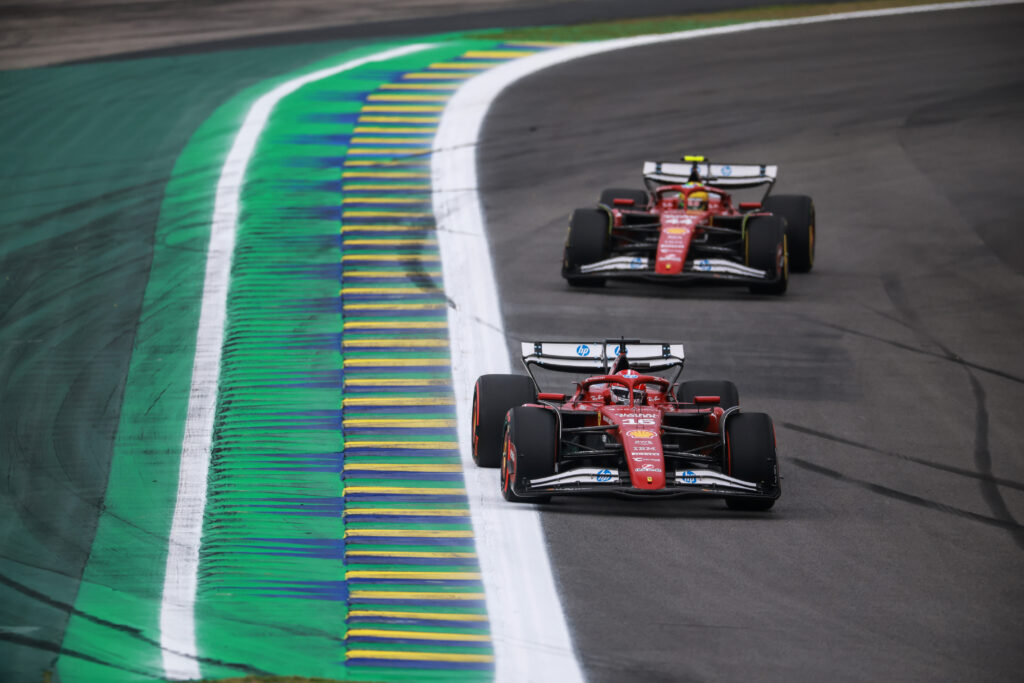 Ferrari's Charles Leclerc leads teammate Lewis Hamilton on track during the F1 Sprint at the 2025 Sao Paulo Grand Prix