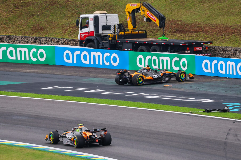 Oscar Piastri crashes in the Sprint race at the 2025 Sao Paulo Grand Prix