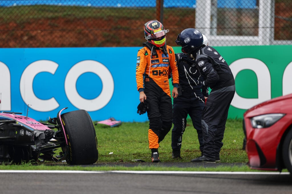 McLaren driver Oscar Piastri looking disconsolate after crashing during the Sprint Race at the 2025 Formula 1 Sao Paulo Grand Prix
