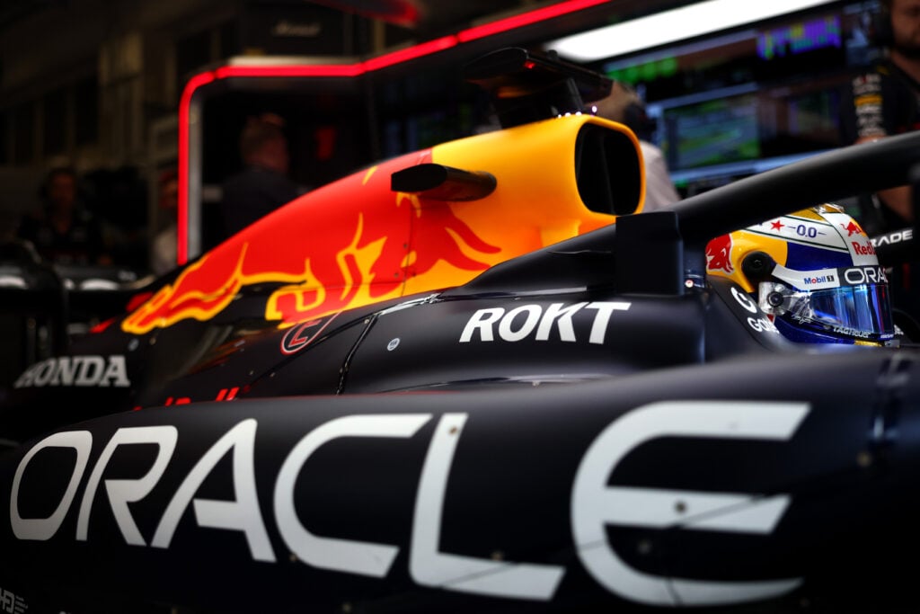Max Verstappen sits in his RB21 in the Red Bull garage at the 2025 Sao Paulo Grand Prix