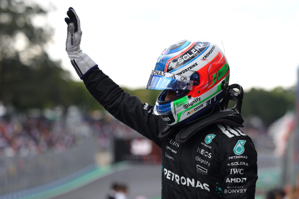 Mercedes driver Kimi Antonelli waving to the crowd at the 2025 Formula 1 Sao Paulo Grand Prix