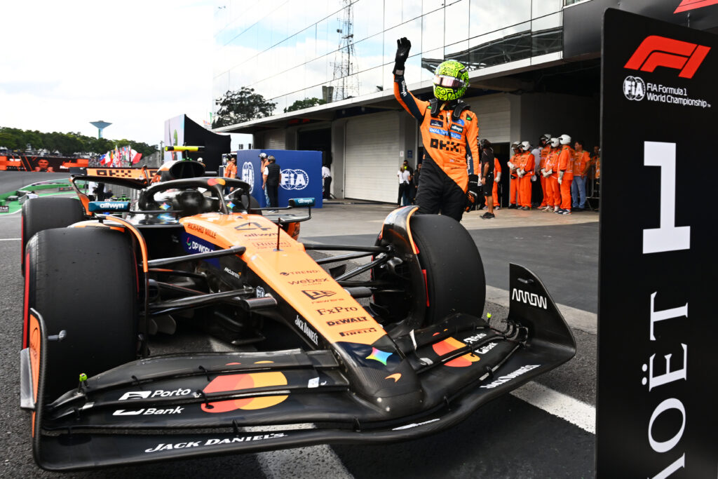 McLaren driver Lando Norris celebrates scoring pole position for the 2025 F1 Sao Paulo Grand Prix in Brazil
