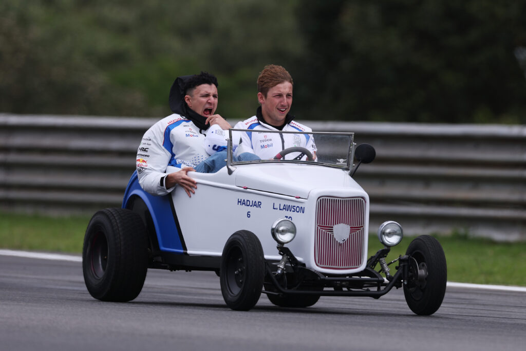 Racing Bulls drivers Isack Hadjar and Liam Lawson during the driver's parade at the 2025 Formula 1 Sao Paulo Grand Prix