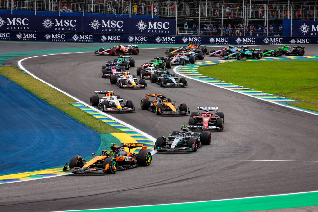 Mercedes' George Russell is swamped in the midfield at the start of the 2025 F1 Sao Paulo Grand Prix