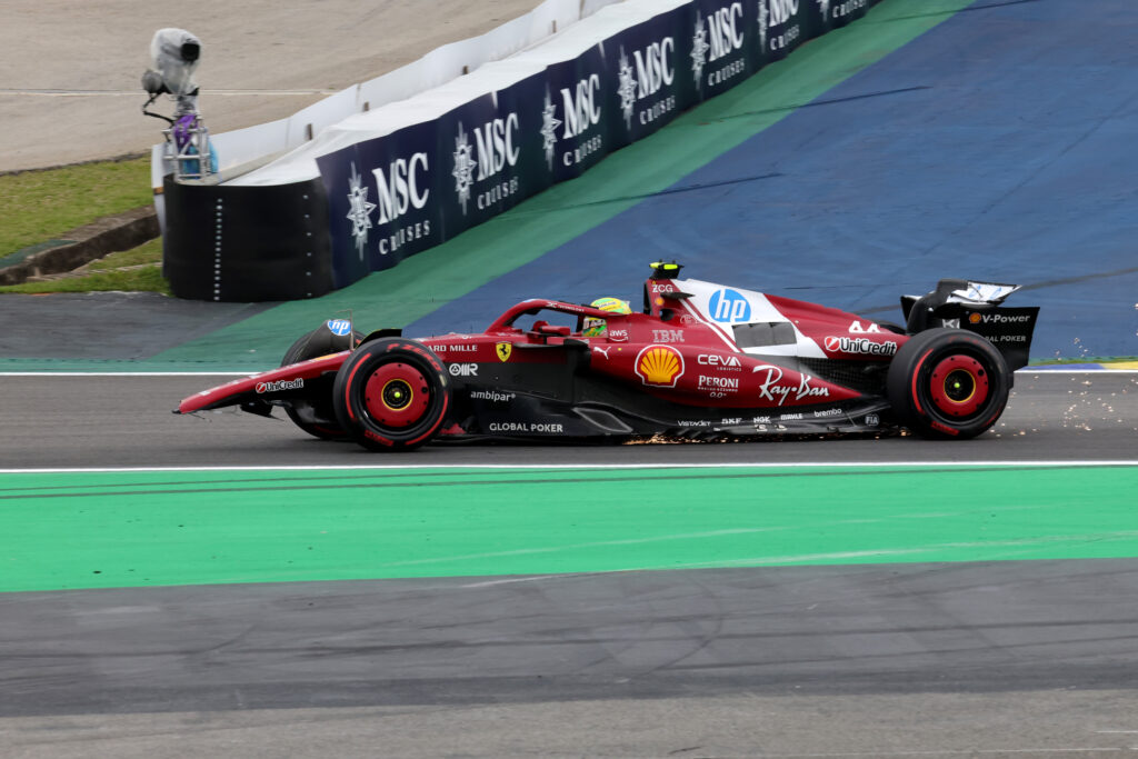 Ferrari driver Lewis Hamilton limps around Interlagos with a broken front wing during the 2025 F1 Sao Paulo Grand Prix