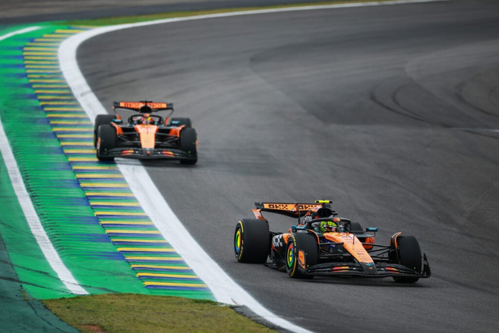 McLaren drivers Lando Norris and Oscar Piastri racing at the 2025 Formula 1 Sao Paulo Grand Prix