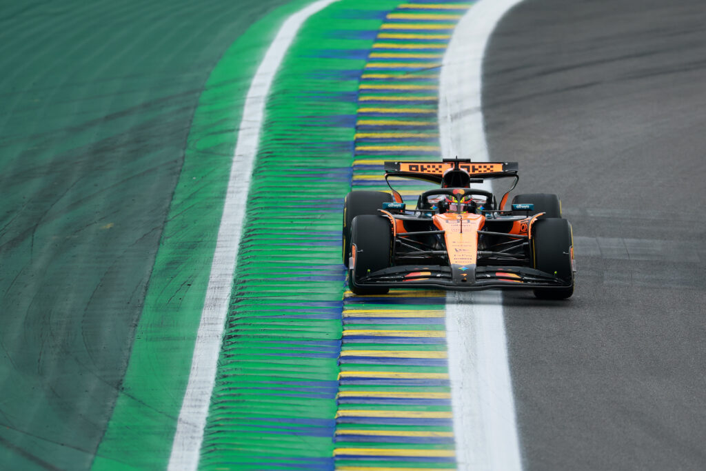 McLaren driver Oscar Piastri racing at the 2025 Formula 1 Sao Paulo Grand Prix