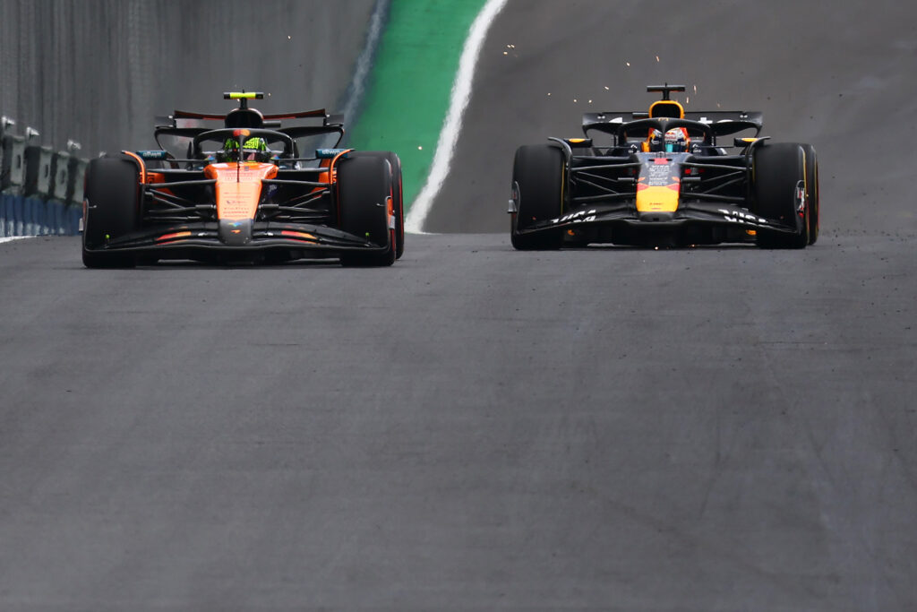 McLaren's Lando Norris overtakes Red Bull's Max Verstappen during the 2025 F1 Sao Paulo Grand Prix