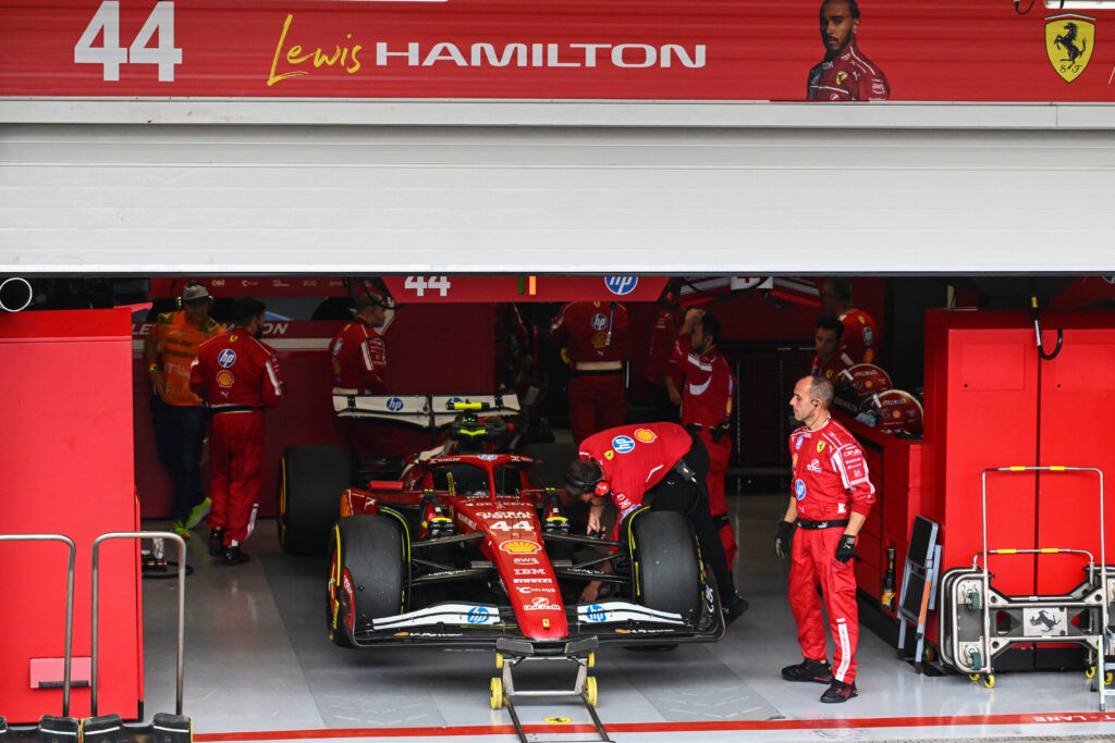 Lewis Hamilton's Ferrari in the garage at the 2025 Formula 1 Sao Paulo Grand Prix