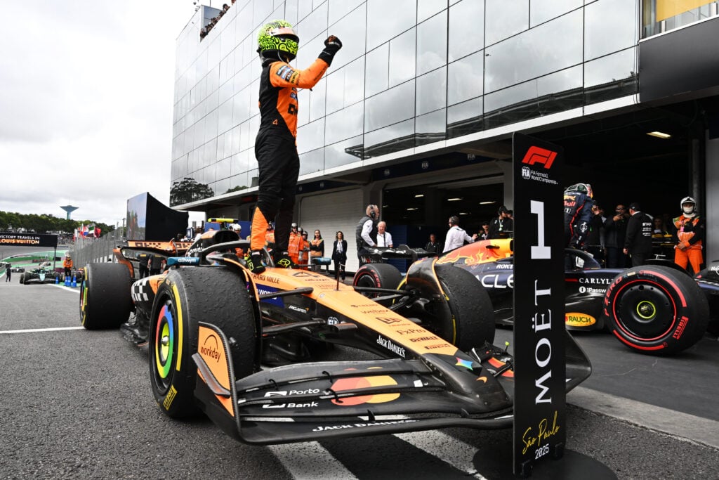 McLaren driver Lando Norris celebrates after winning the 2025 F1 Sao Paulo Grand Prix