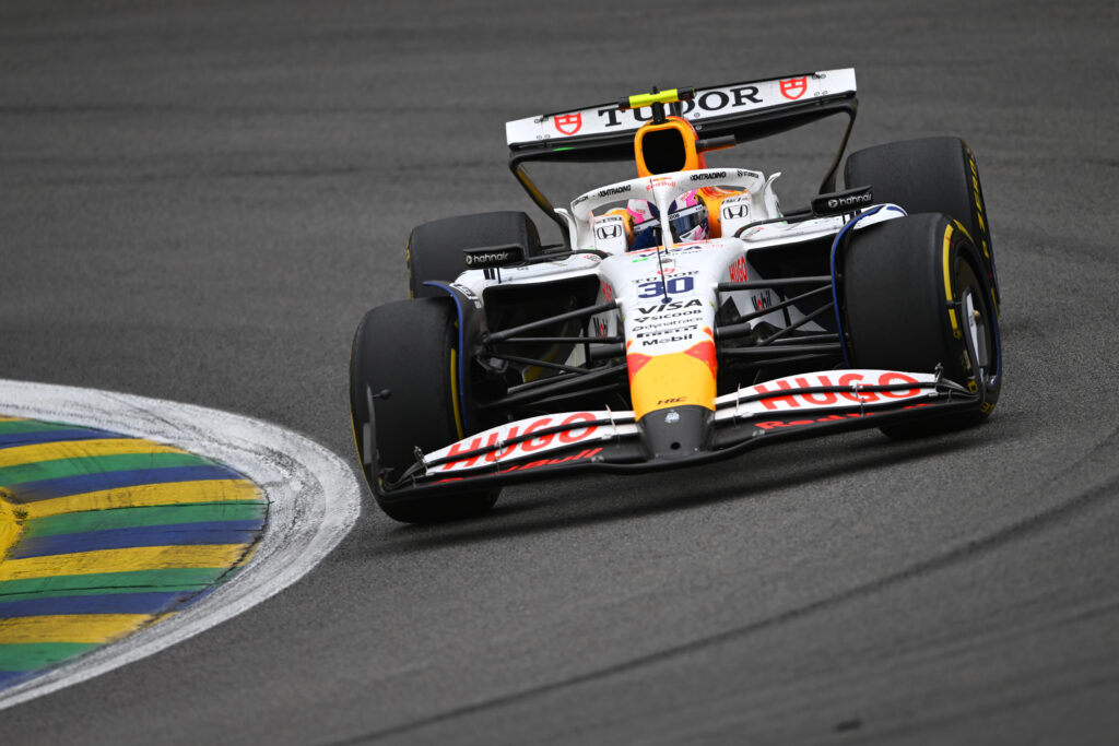 Racing Bulls driver Liam Lawson racing at the 2025 Formula 1 Sao Paulo Grand Prix