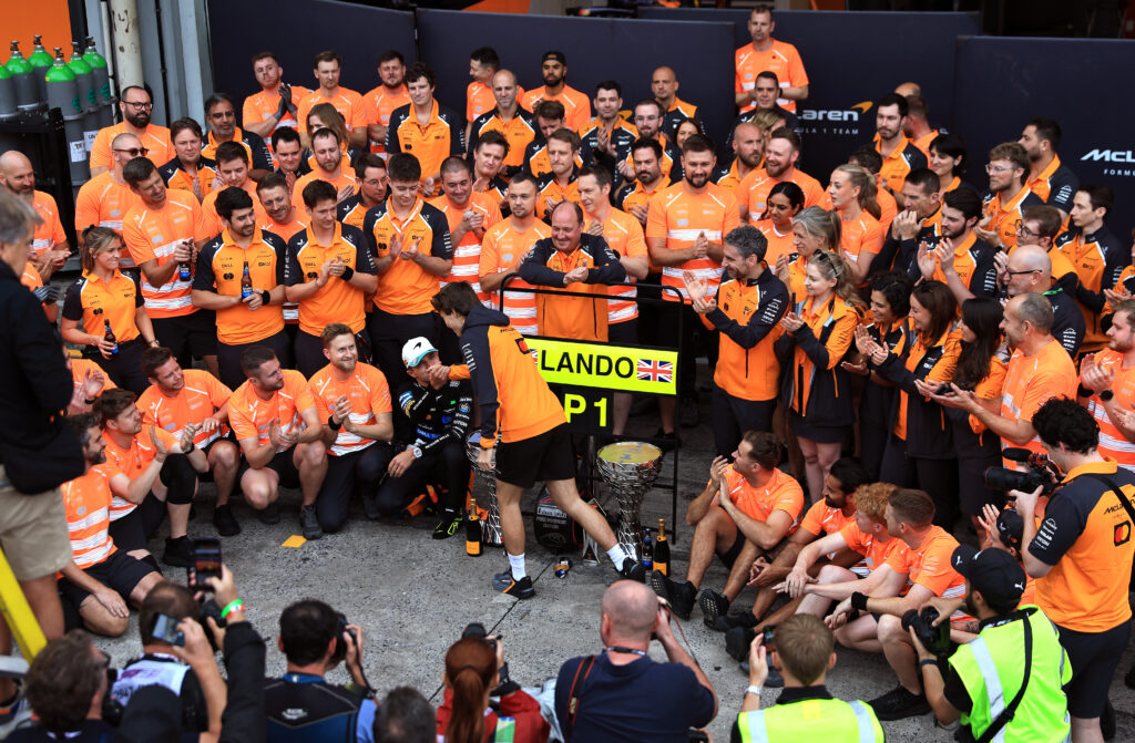 McLaren driver Oscar Piastri congratulates teammate Lando Norris on winning the 2025 F1 Sao Paulo Grand Prix