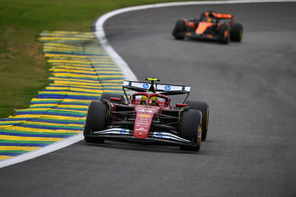 Ferrari driver Lewis Hamilton racing at the 2025 Formula 1 Sao Paulo Grand Prix