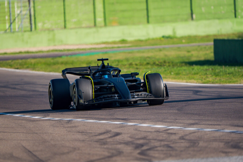 Cadillac F1 Team driver Sergio Perez on track during a test in a 2023 Ferrari SF-23 at Imola