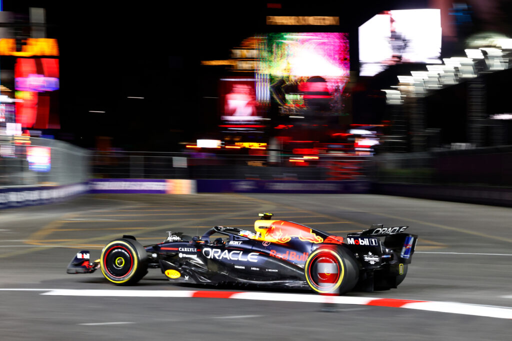 Red Bull driver Yuki Tsunoda on track during practice at the 2025 F1 Las Vegas Grand Prix