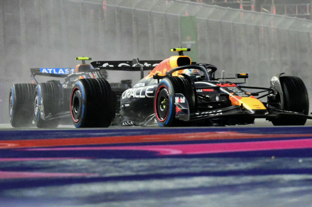 Red Bull driver Yuki Tsunoda on track during qualifying for the 2025 F1 Las Vegas Grand Prix