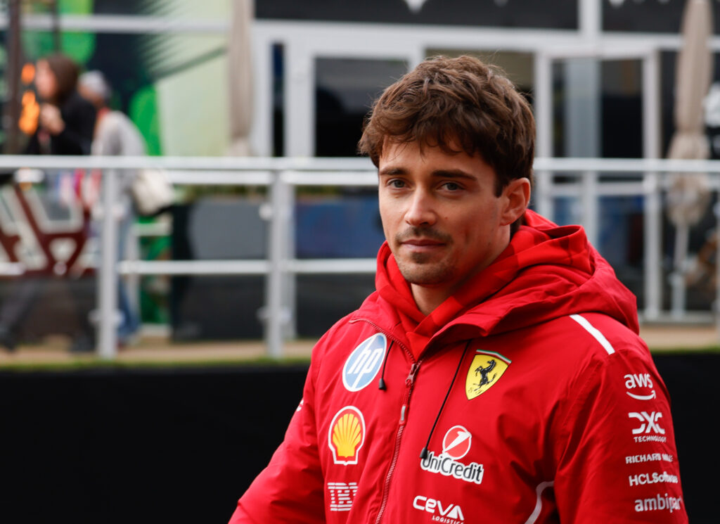 Ferrari driver Charles Leclerc in the paddock at the 2025 Formula 1 Las Vegas Grand Prix