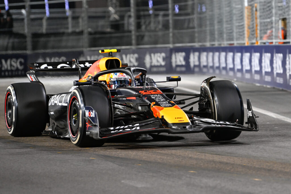 Red Bull driver Yuki Tsunoda racing at the 2025 Formula 1 Las Vegas Grand Prix