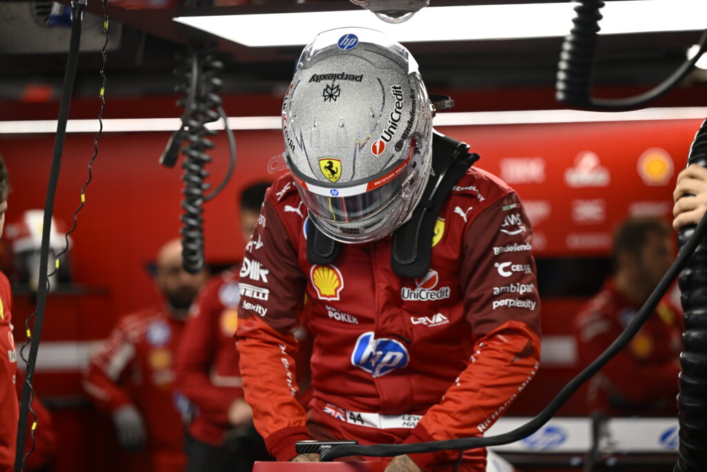 Ferrari driver Lewis Hamilton getting into his car at the 2025 Formula 1 Las Vegas Grand Prix