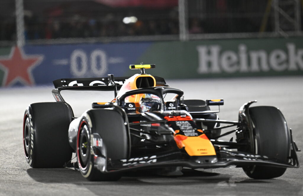 Red Bull driver Yuki Tsunoda racing at the 2025 Formula 1 Las Vegas Grand Prix